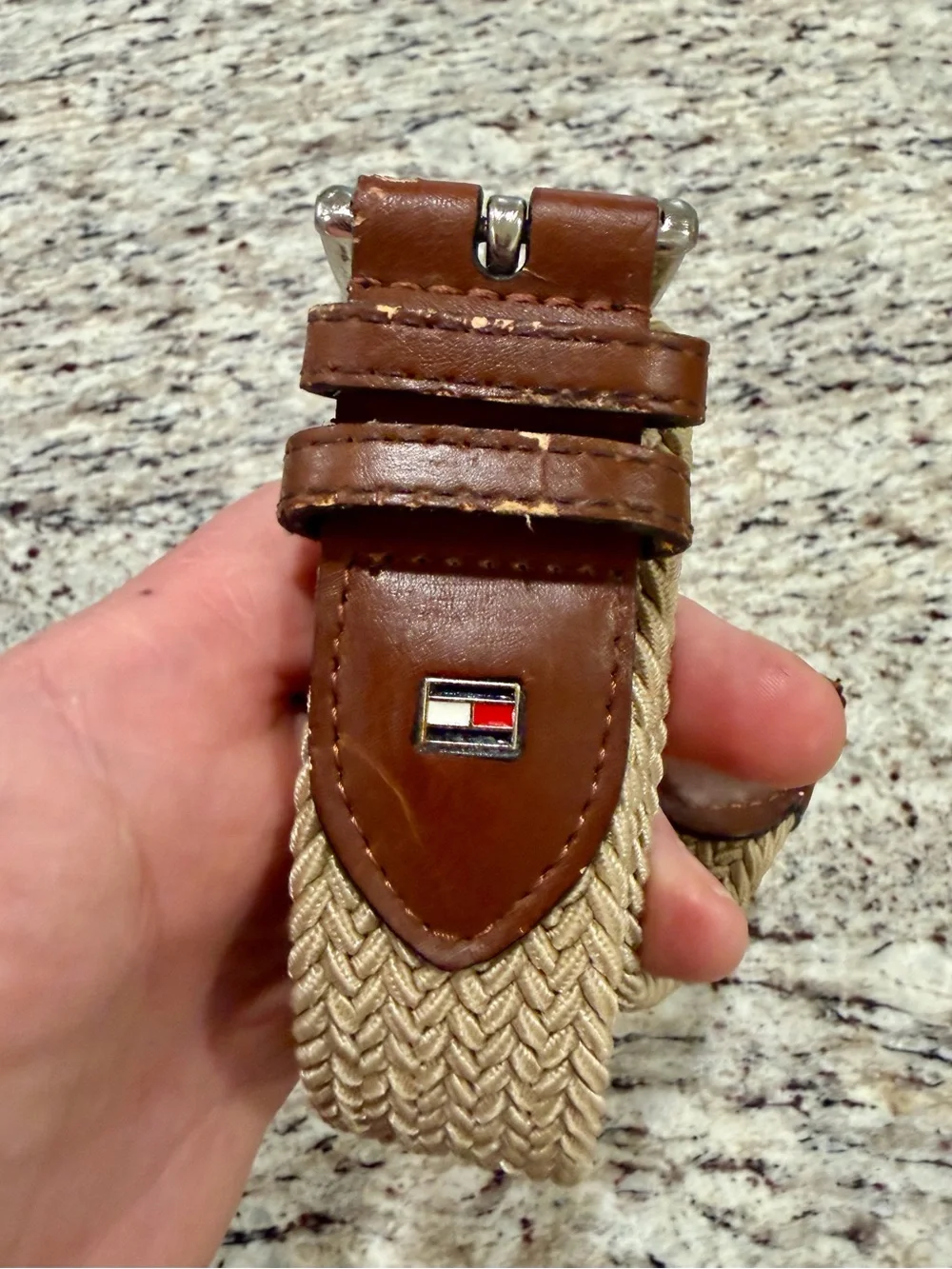 Vtg Y2K Tommy Hilfiger Mens 36-38 Braided Stretch Belt Khaki Brown Leather Logo